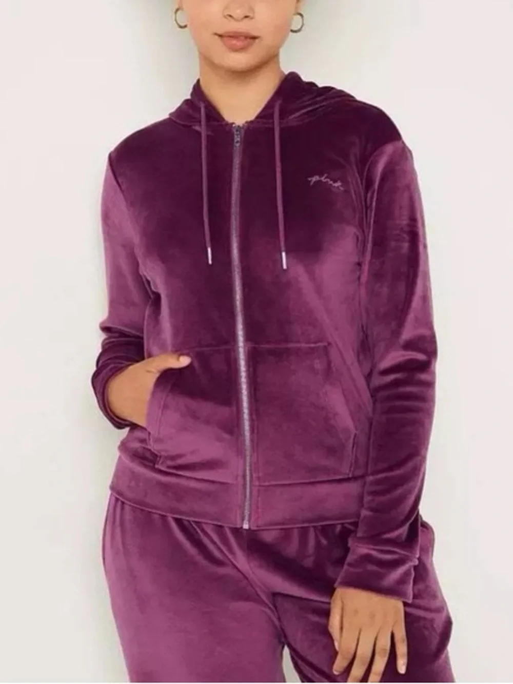 Victoria's Secret PINK Velvet Velour Tracksuit Jacket and Pants in Purple M/L - Picture 2 of 10